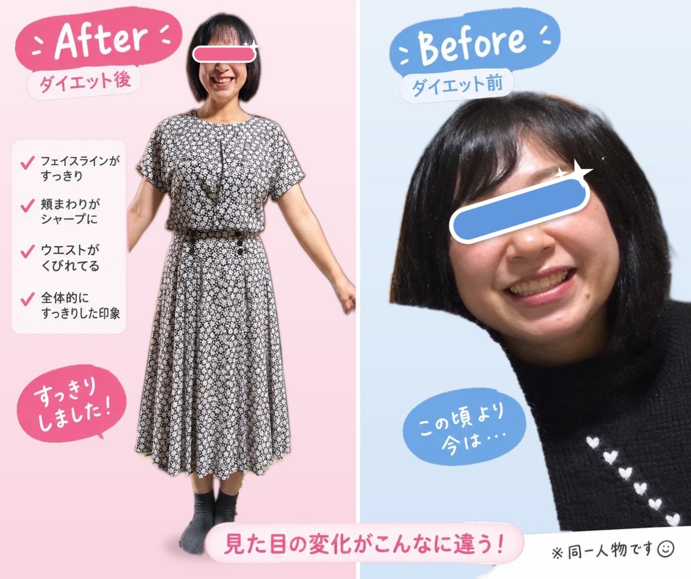 58歳女性の約6ヶ月のビフォーアフター。体重約13kg減、筋肉量1.6kg増、腹囲17.3cm減